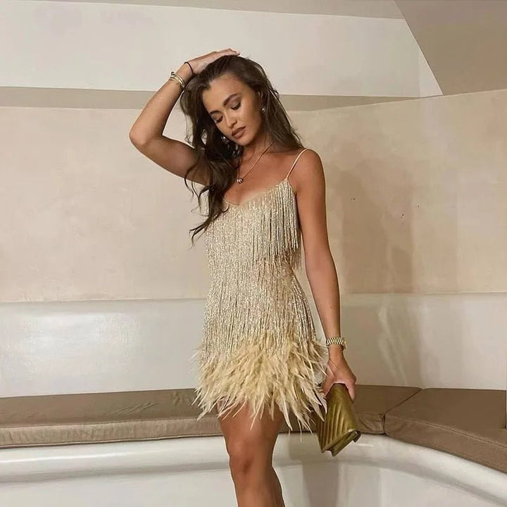 Clara | Elegant White Sequin Fringe Dress with Feather Trim – view 6