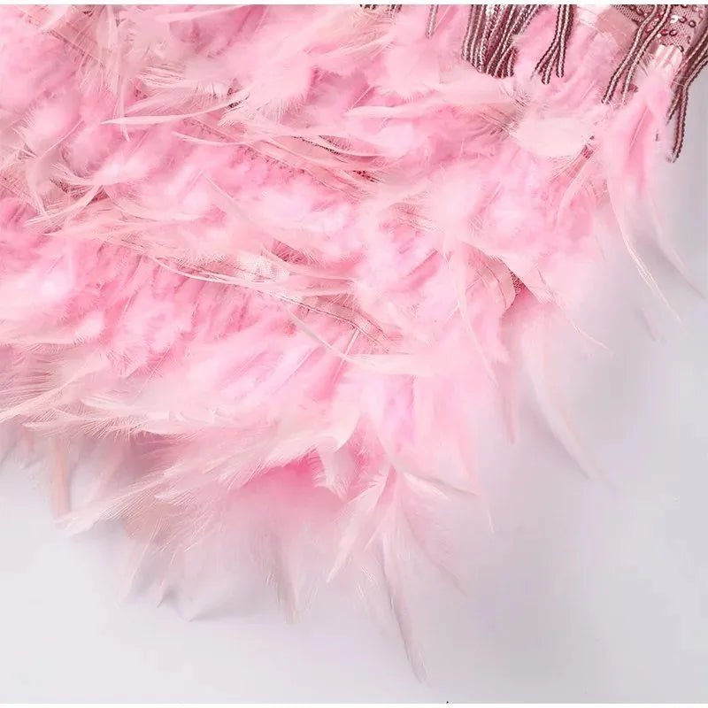 Clara | Elegant White Sequin Fringe Dress with Feather Trim - Emma's Dresses