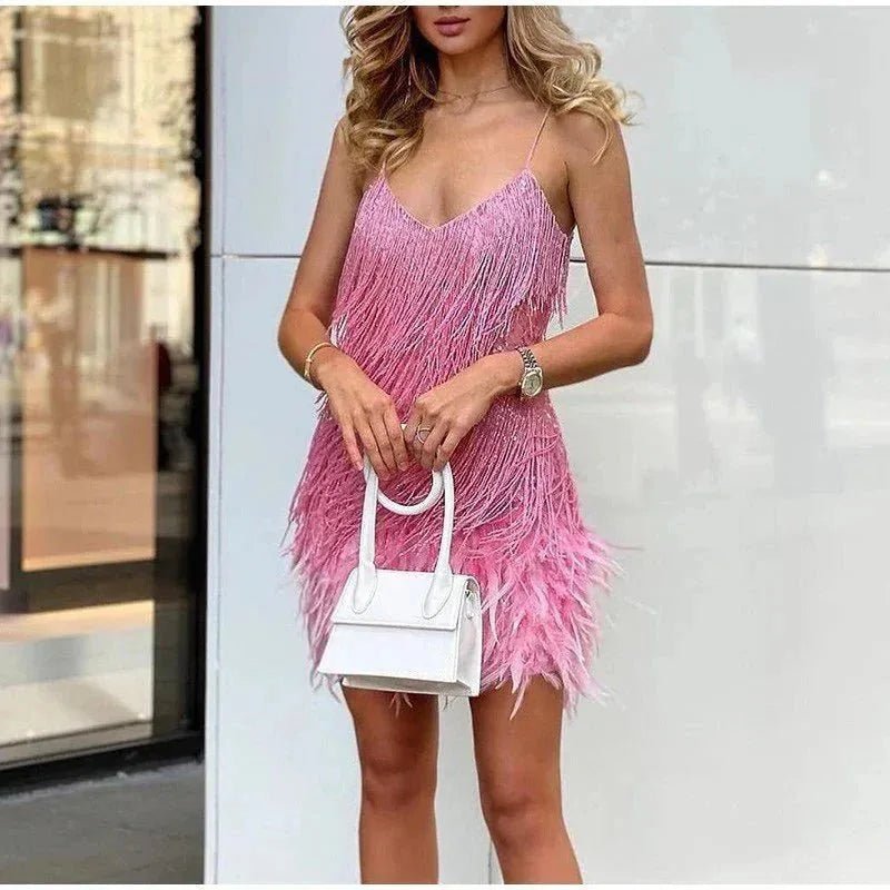 Clara | Elegant White Sequin Fringe Dress with Feather Trim – view 9