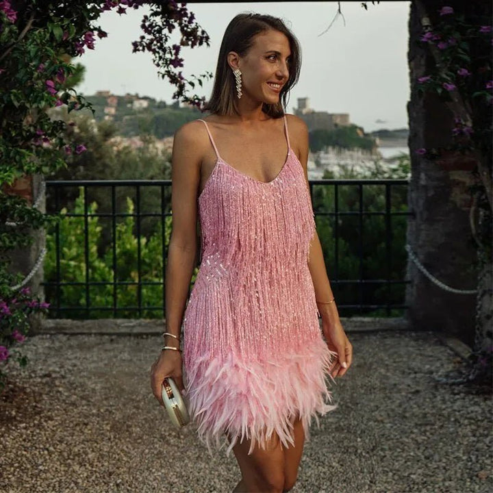 Clara | Elegant White Sequin Fringe Dress with Feather Trim – view 10