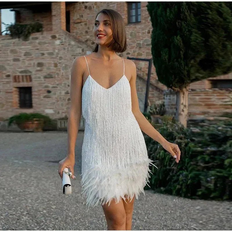 Clara | Elegant White Sequin Fringe Dress with Feather Trim – view 2