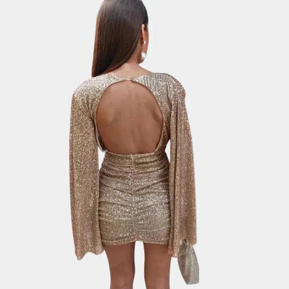 Stella | Chic Sequin V - Neck Cape Sleeve Mini Dress - Emma's Dresses