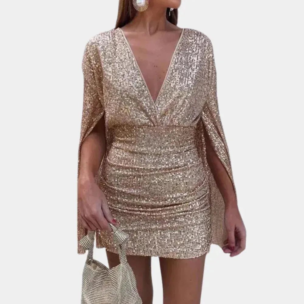Stella | Chic Sequin V - Neck Cape Sleeve Mini Dress - Emma's Dresses