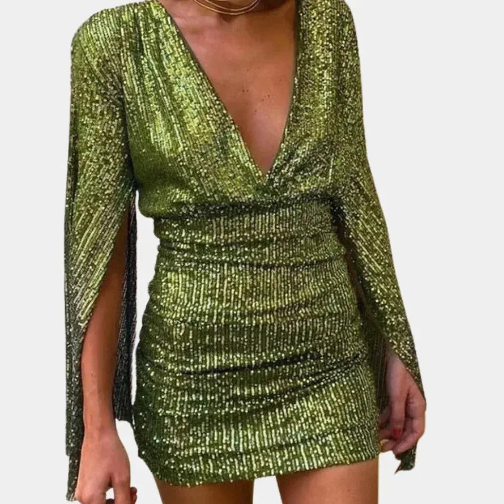Stella | Chic Sequin V - Neck Cape Sleeve Mini Dress - Emma's Dresses