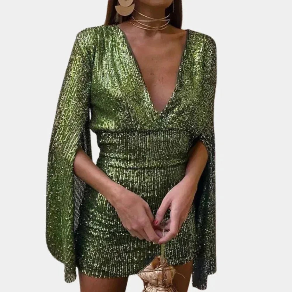 Stella | Chic Sequin V - Neck Cape Sleeve Mini Dress - Emma's Dresses