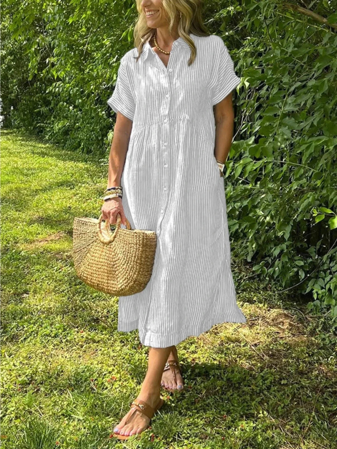 Juliet | Striped Short Sleeve Button Front Yellow Dress - Emma's Dresses