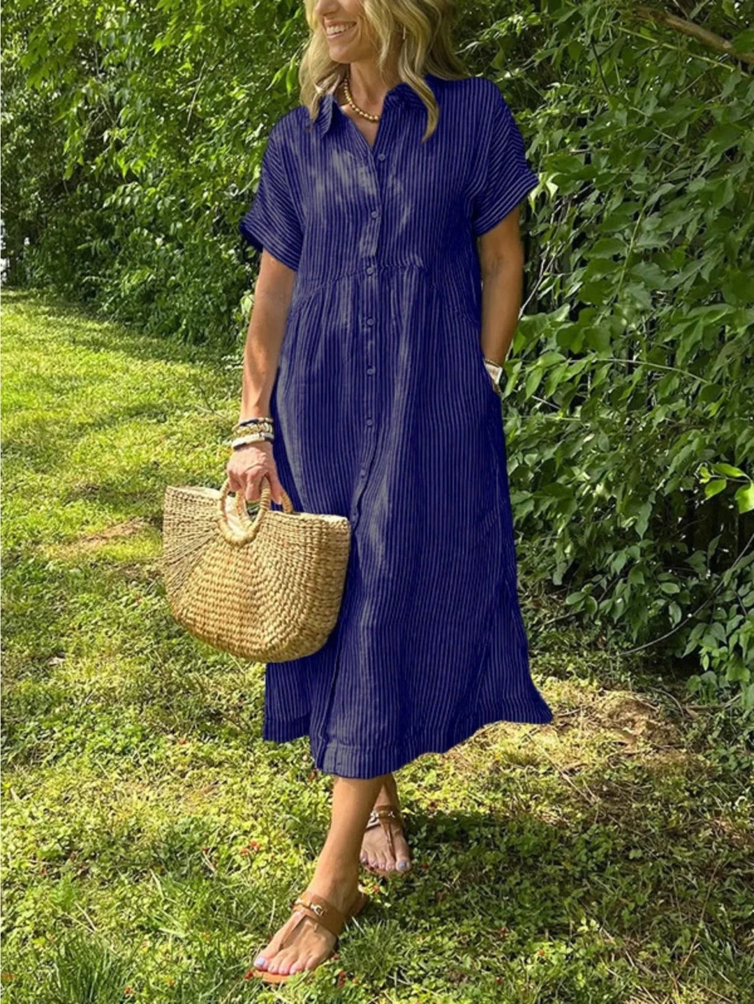 Juliet | Striped Short Sleeve Button Front Yellow Dress - Emma's Dresses