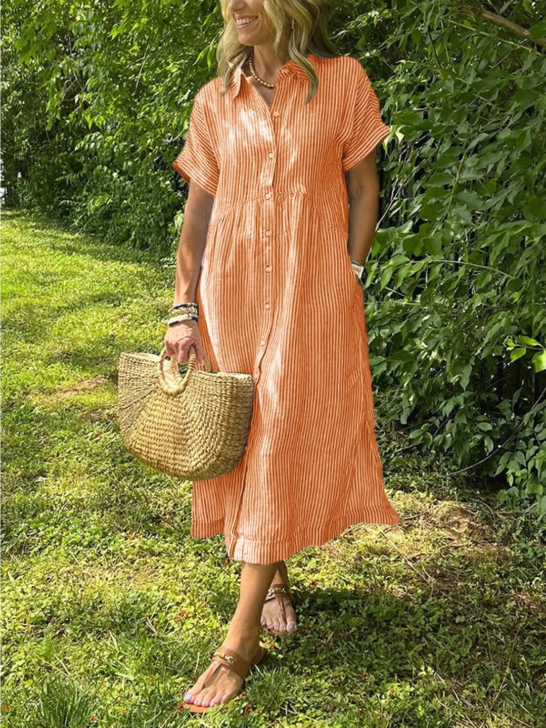 Juliet | Striped Short Sleeve Button Front Yellow Dress - Emma's Dresses
