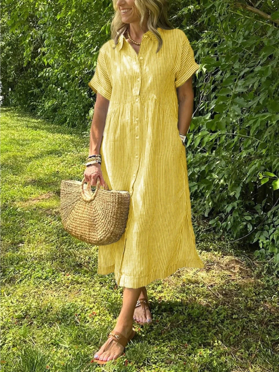 Juliet | Striped Short Sleeve Button Front Yellow Dress - Emma's Dresses