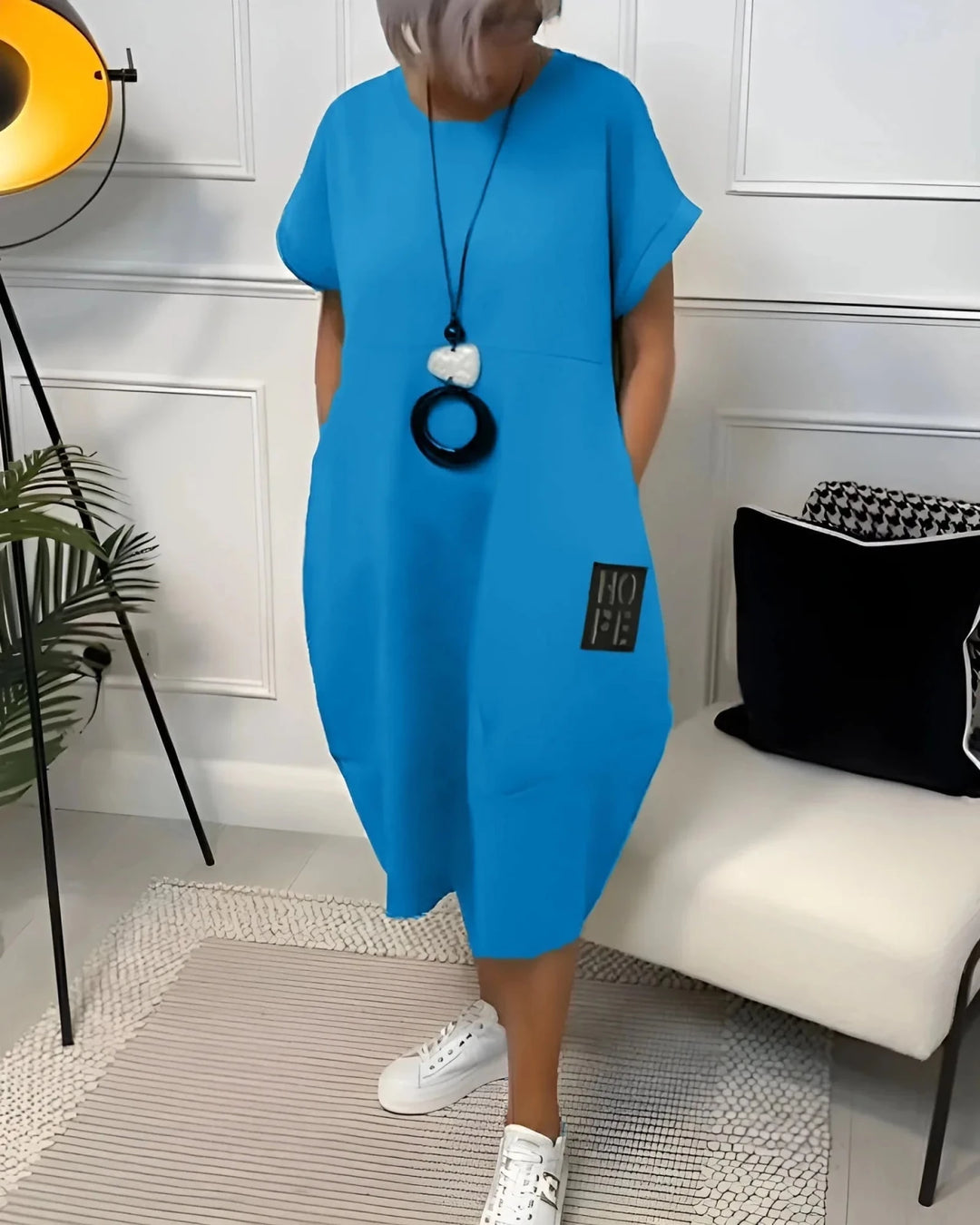 Elena | Effortless Short Sleeve Black Midi Dress With Pockets - Emma's Dresses