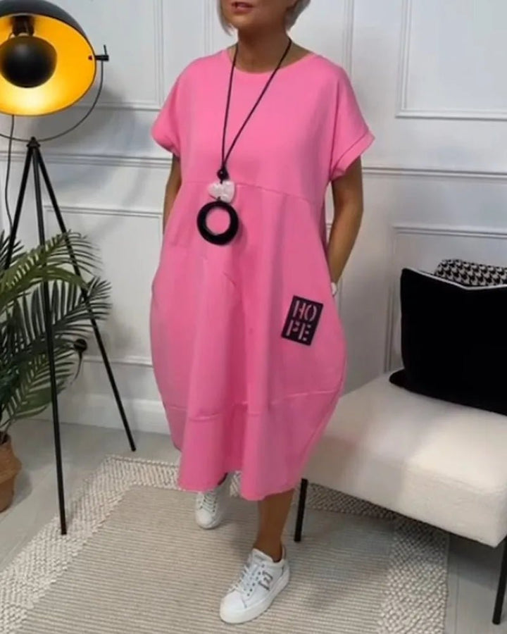 Elena | Effortless Short Sleeve Black Midi Dress With Pockets - Emma's Dresses