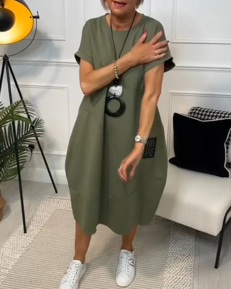 Elena | Effortless Short Sleeve Black Midi Dress With Pockets - Emma's Dresses