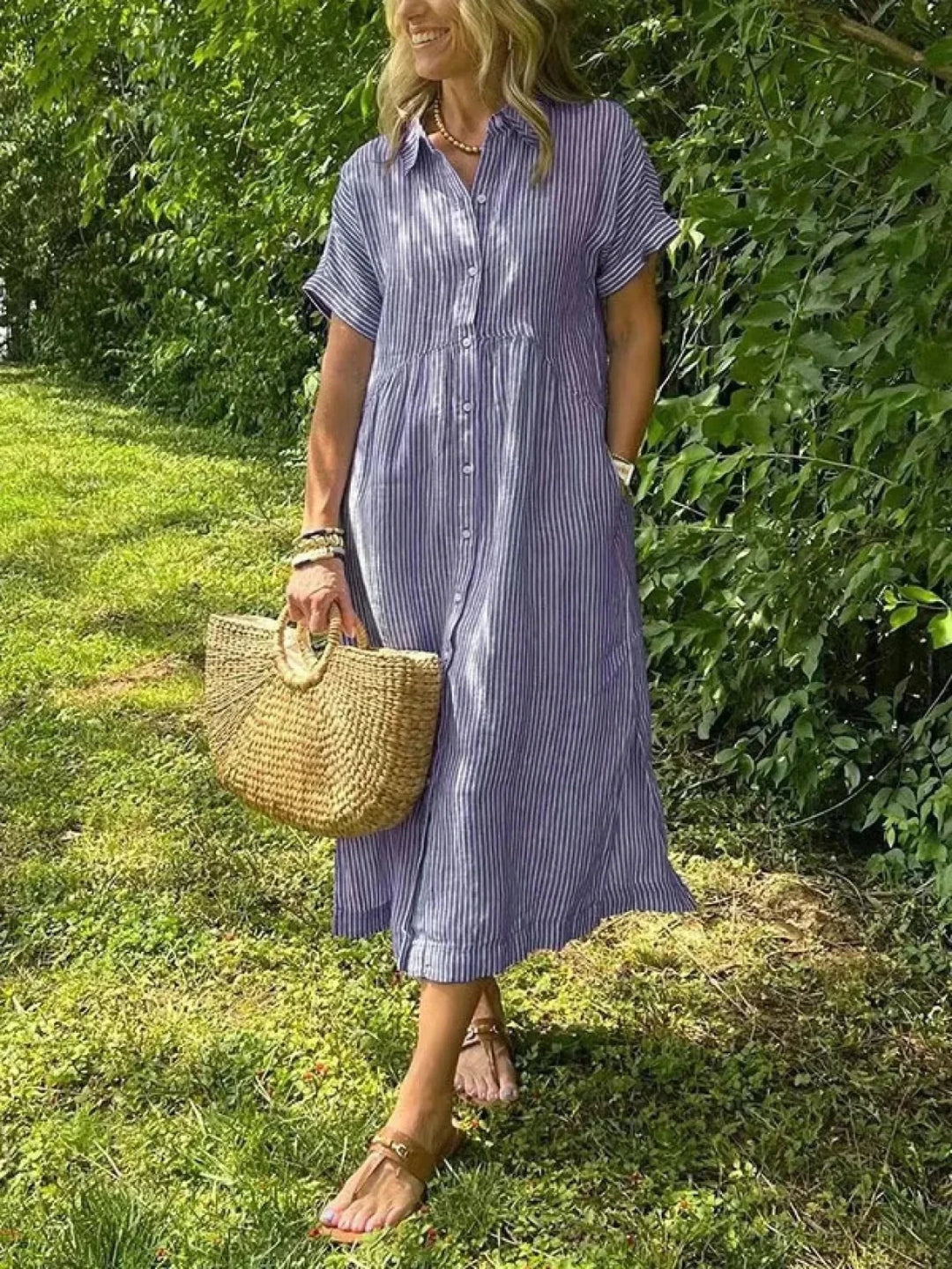 Elena | Striped Short Sleeve White Midi Dress - Emma's Dresses