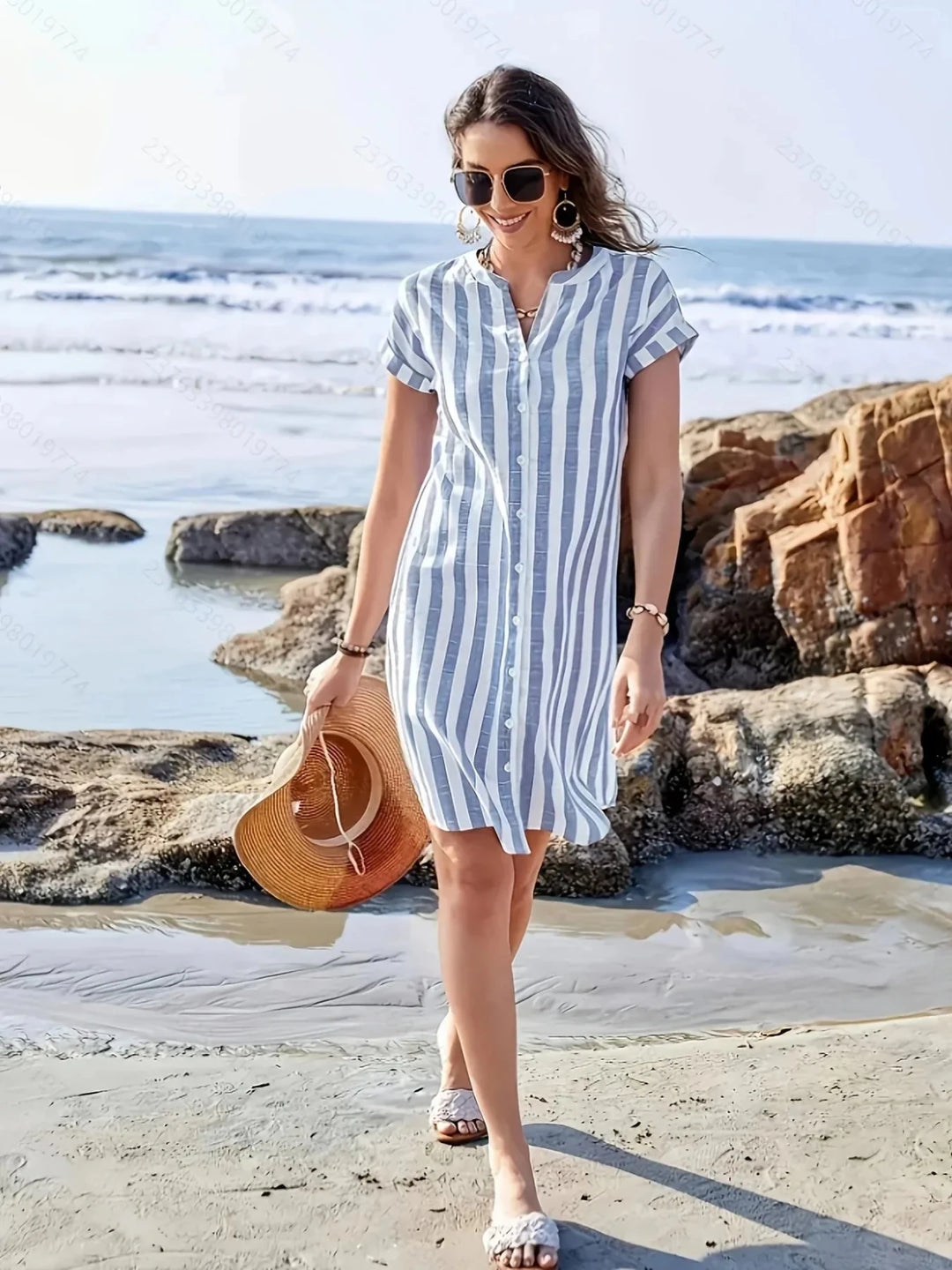 Lily | Chic Pink Striped Short Sleeve V - Neck Shirt Dress - Emma's Dresses