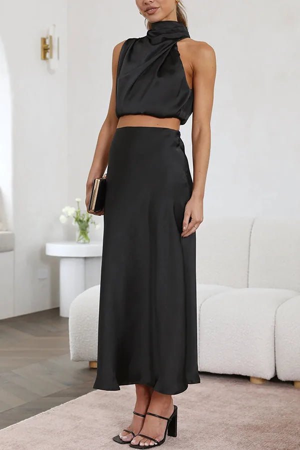 Serena | Sleek Pink Halter Midi Dress - Emma's Dresses