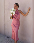 Serena | Sleek Pink Halter Midi Dress