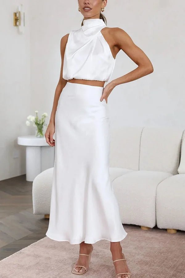 Serena | Sleek Pink Halter Midi Dress - Emma's Dresses
