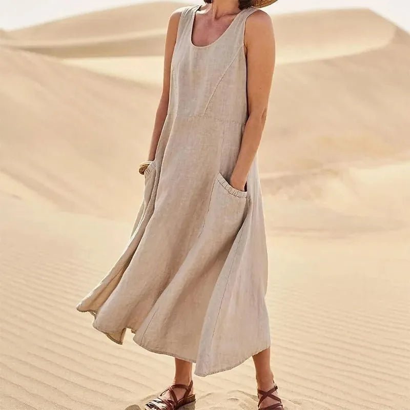 Nina | Elegant Pink Sleeveless A - Line Linen Maxi Dress - Emma's Dresses