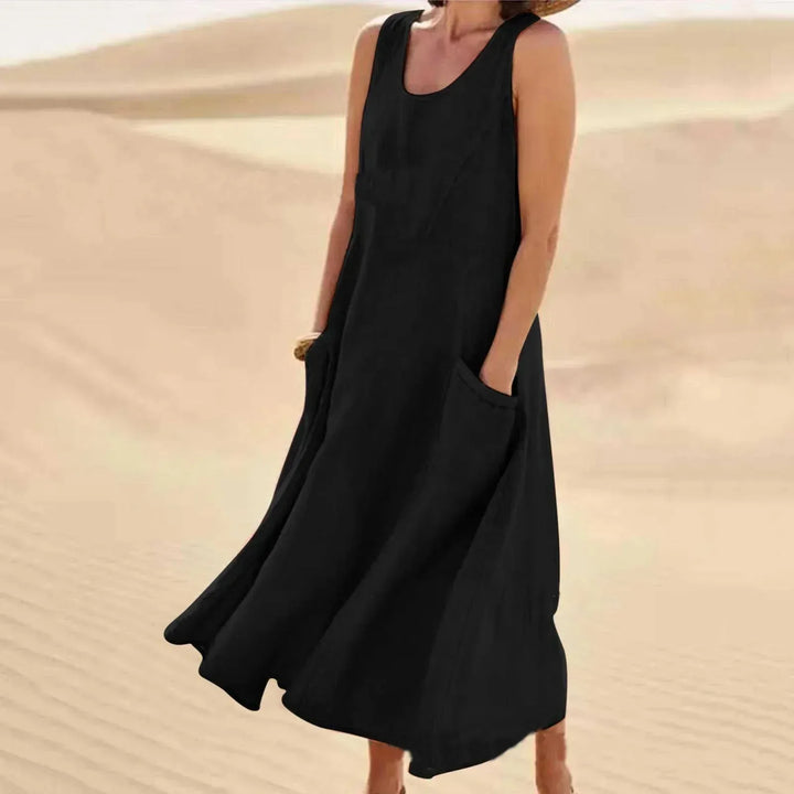 Nina | Elegant Pink Sleeveless A - Line Linen Maxi Dress - Emma's Dresses