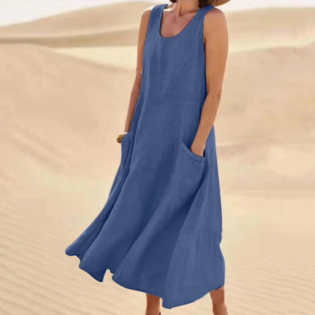 Nina | Elegant Pink Sleeveless A - Line Linen Maxi Dress - Emma's Dresses