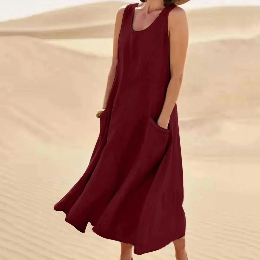 Nina | Elegant Pink Sleeveless A - Line Linen Maxi Dress - Emma's Dresses