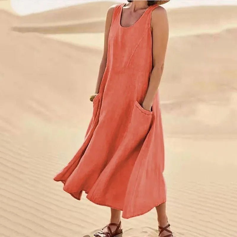 Nina | Elegant Pink Sleeveless A - Line Linen Maxi Dress - Emma's Dresses