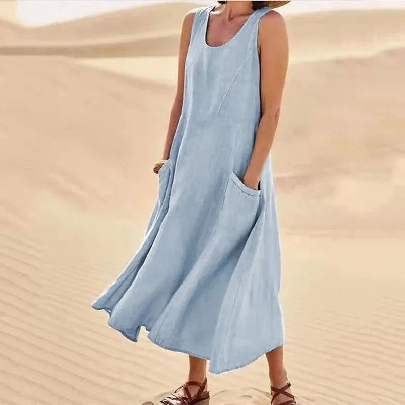 Nina | Elegant Pink Sleeveless A - Line Linen Maxi Dress - Emma's Dresses