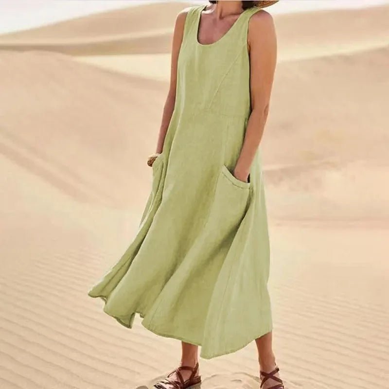 Nina | Elegant Pink Sleeveless A - Line Linen Maxi Dress - Emma's Dresses