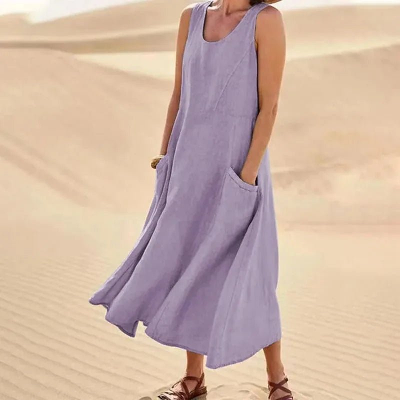 Nina | Elegant Pink Sleeveless A - Line Linen Maxi Dress - Emma's Dresses