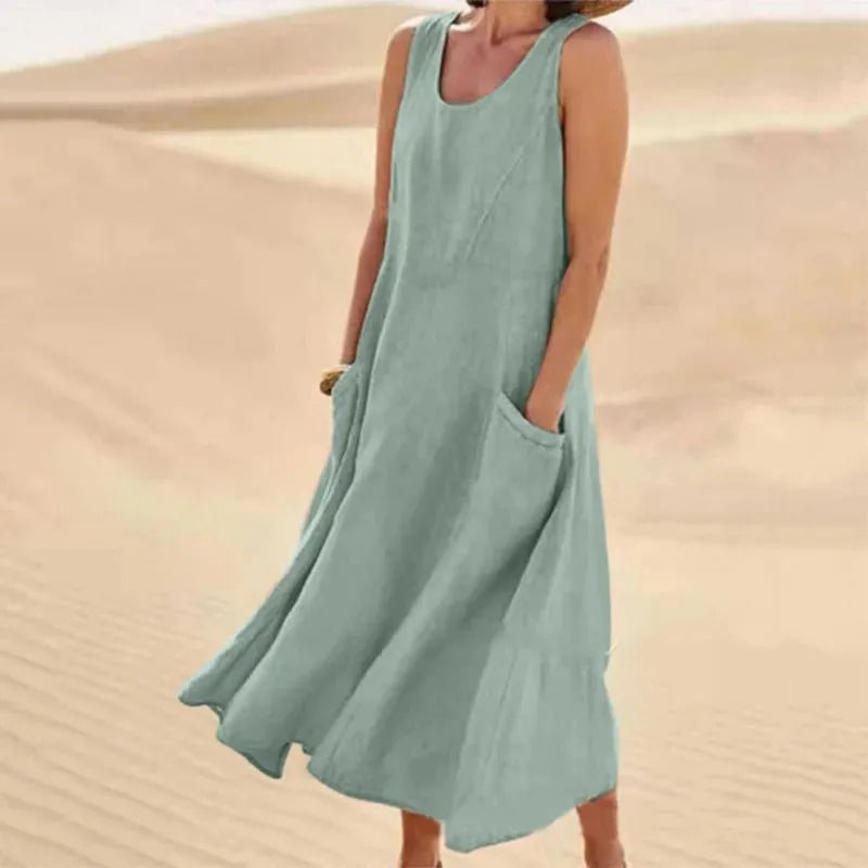 Nina | Elegant Pink Sleeveless A - Line Linen Maxi Dress - Emma's Dresses