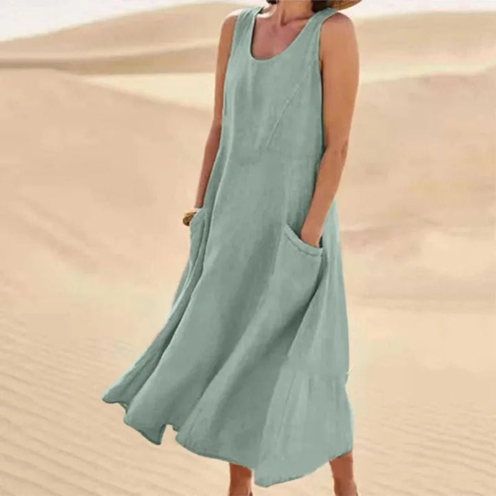 Nina | Elegant Pink Sleeveless A - Line Linen Maxi Dress - Emma's Dresses