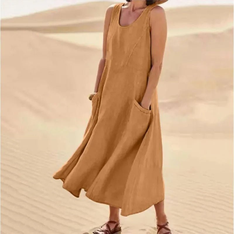 Nina | Elegant Pink Sleeveless A - Line Linen Maxi Dress - Emma's Dresses
