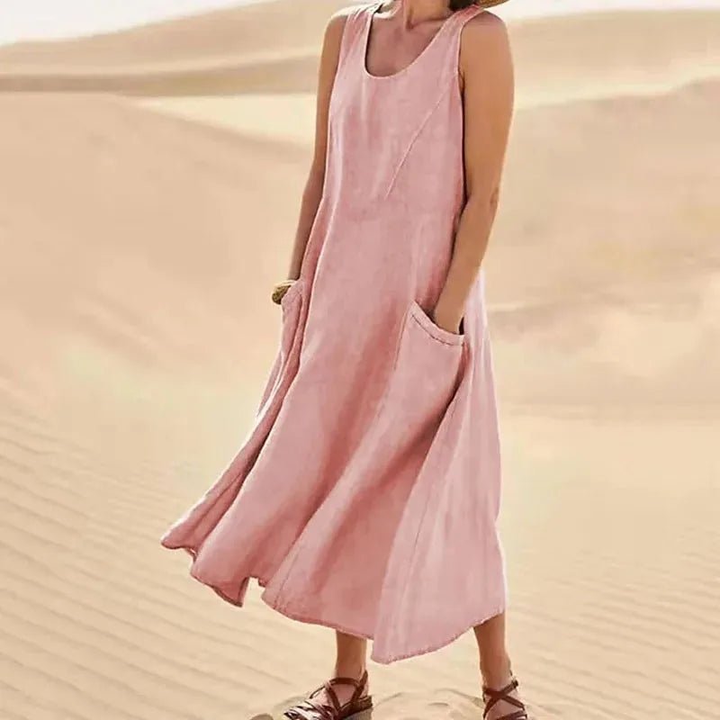 Nina | Elegant Pink Sleeveless A - Line Linen Maxi Dress - Emma's Dresses