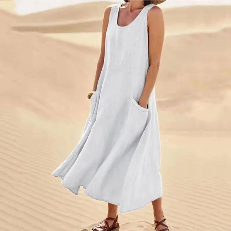 Nina | Elegant Pink Sleeveless A - Line Linen Maxi Dress - Emma's Dresses