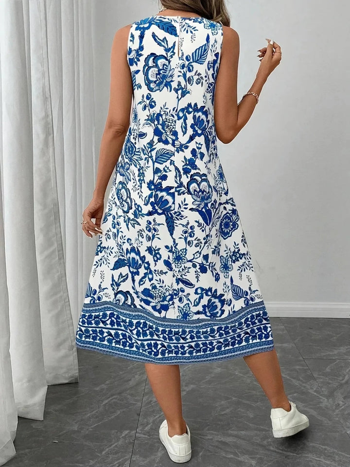 Juliet | Elegant Sleeveless Floral Midi Dress with A - Line Cut - Emma's Dresses