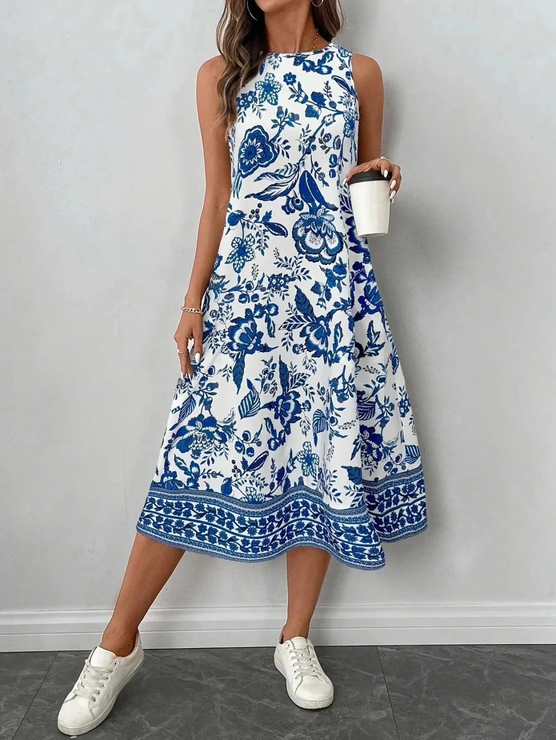 Juliet | Elegant Sleeveless Floral Midi Dress with A - Line Cut - Emma's Dresses
