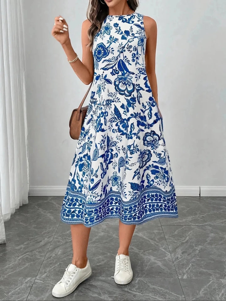 Juliet | Elegant Sleeveless Floral Midi Dress with A - Line Cut - Emma's Dresses