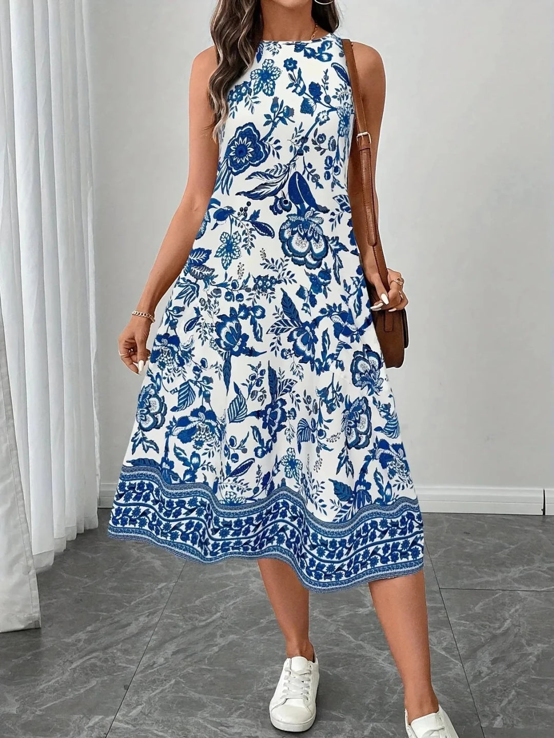 Juliet | Elegant Sleeveless Floral Midi Dress with A - Line Cut - Emma's Dresses