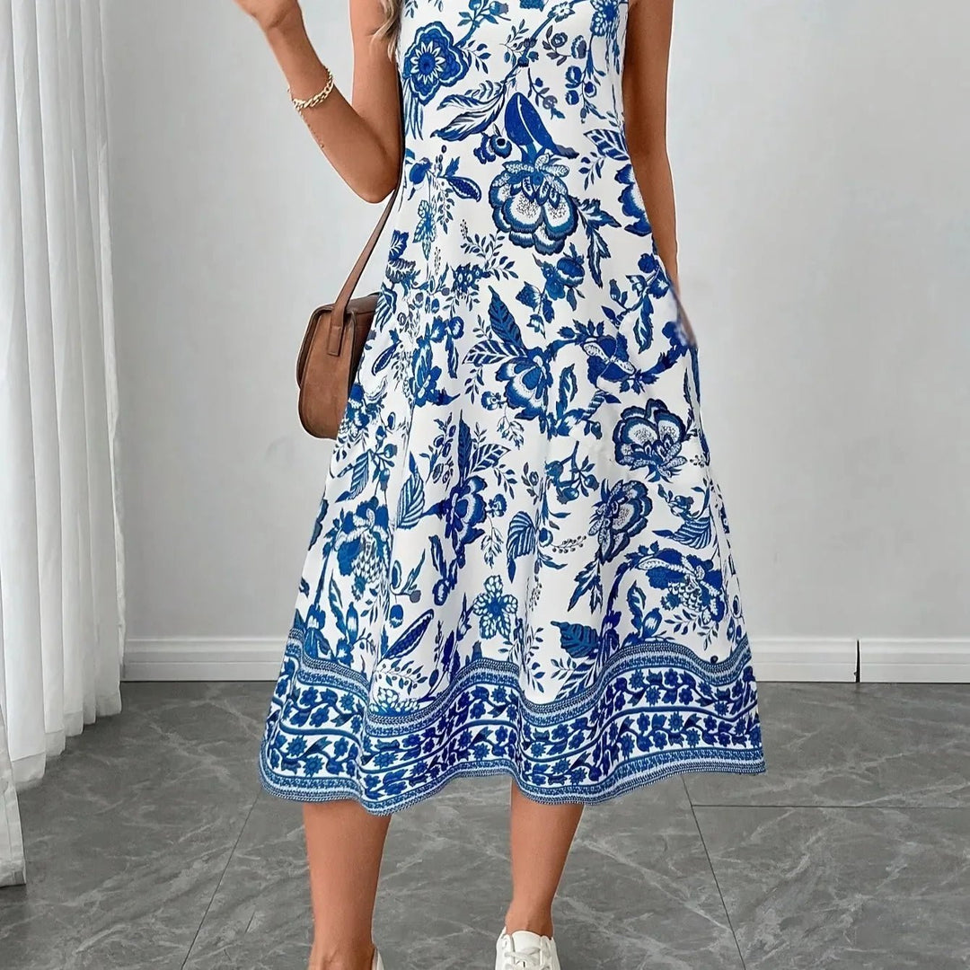 Juliet | Elegant Sleeveless Floral Midi Dress with A - Line Cut - Emma's Dresses