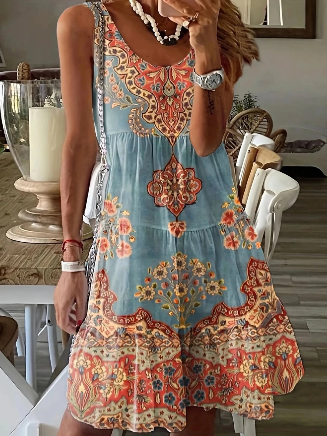 Freya | Chic Sleeveless Boho Printed Mini Dress - Emma's Dresses