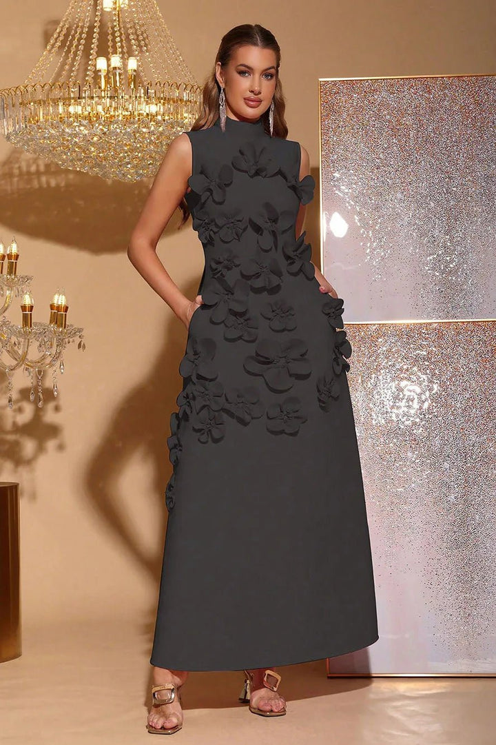 Iris | Elegant Pink Sleeveless Flower Embellished Maxi Dress - Emma's Dresses
