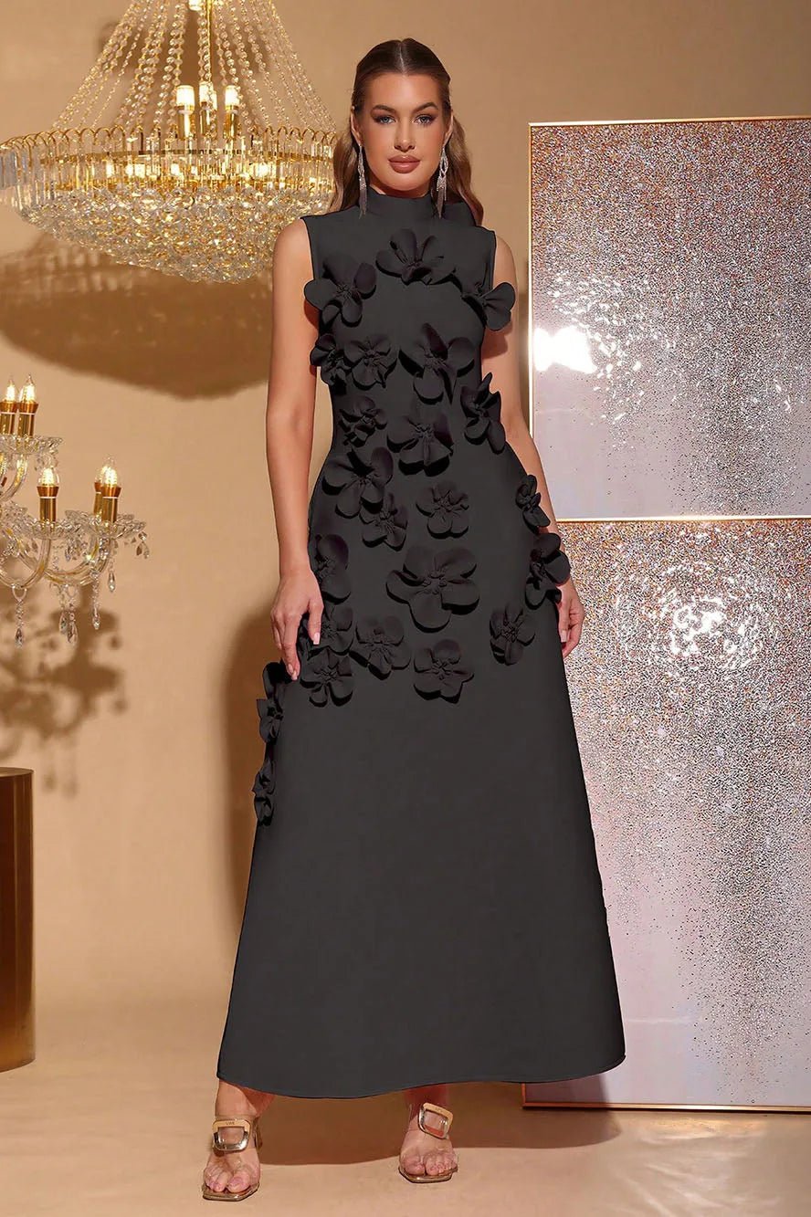 Iris | Elegant Pink Sleeveless Flower Embellished Maxi Dress - Emma's Dresses