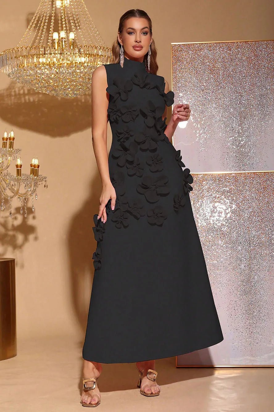Iris | Elegant Pink Sleeveless Flower Embellished Maxi Dress - Emma's Dresses
