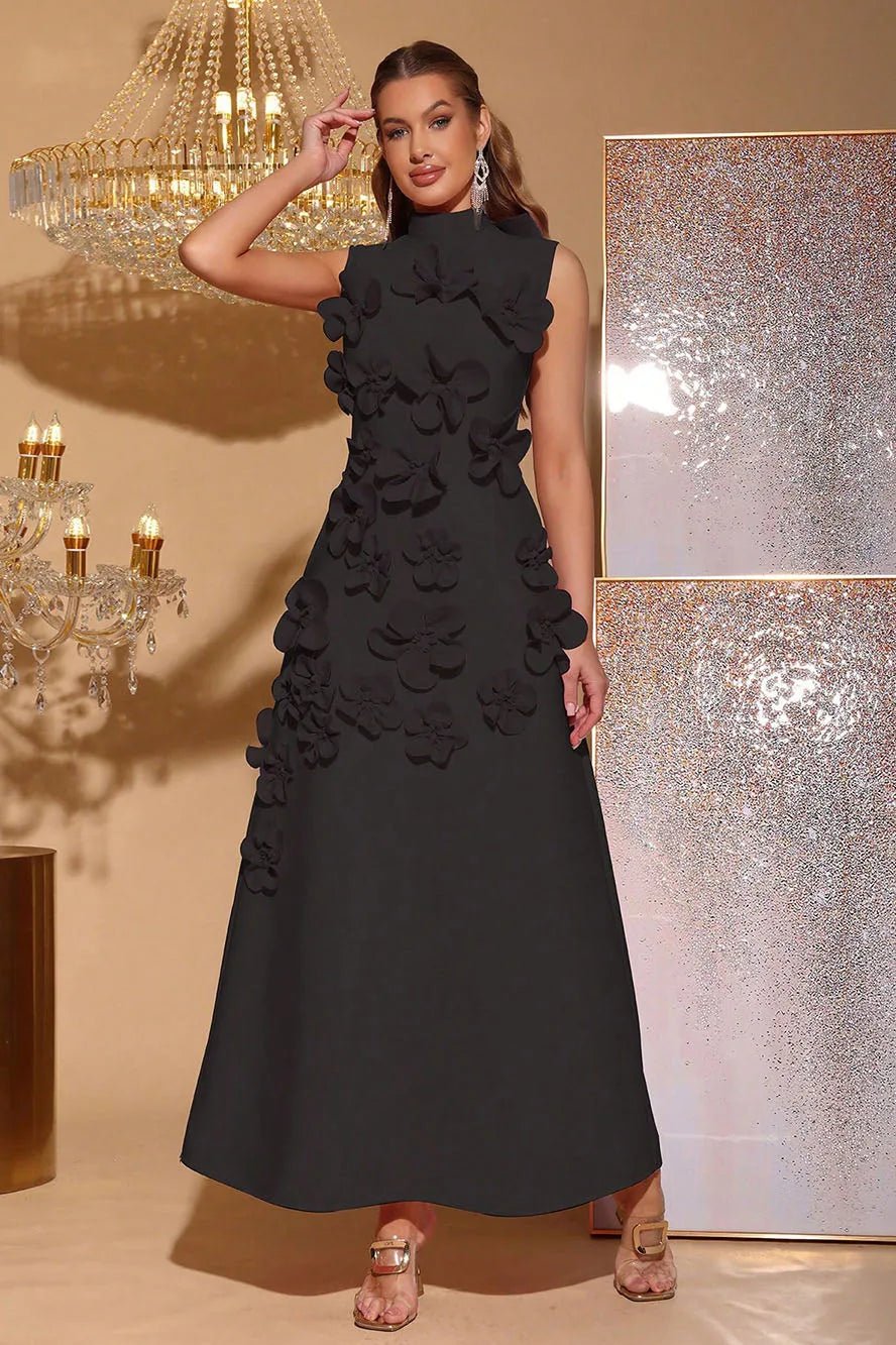 Iris | Elegant Pink Sleeveless Flower Embellished Maxi Dress - Emma's Dresses