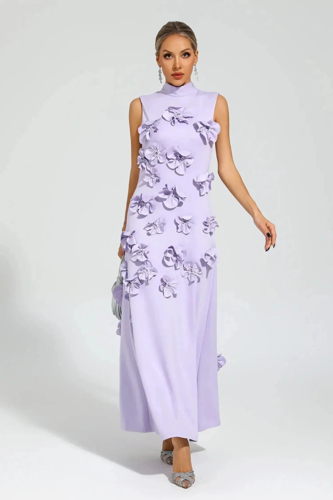 Iris | Elegant Pink Sleeveless Flower Embellished Maxi Dress - Emma's Dresses