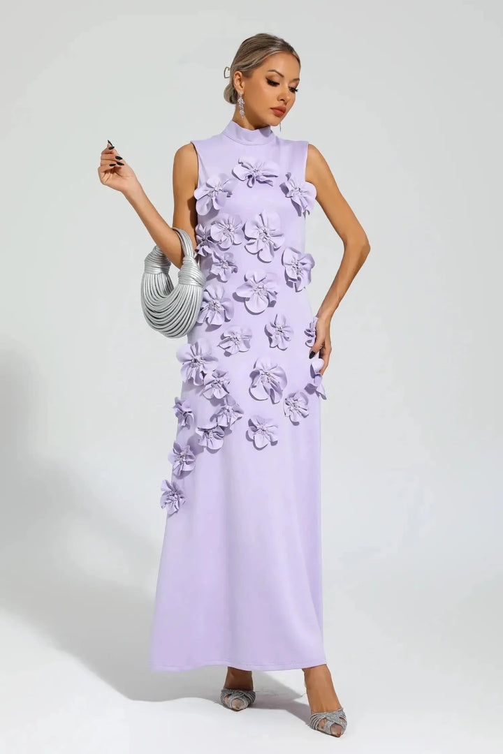Iris | Elegant Pink Sleeveless Flower Embellished Maxi Dress - Emma's Dresses