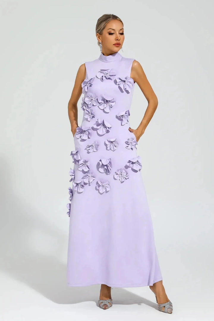 Iris | Elegant Pink Sleeveless Flower Embellished Maxi Dress - Emma's Dresses