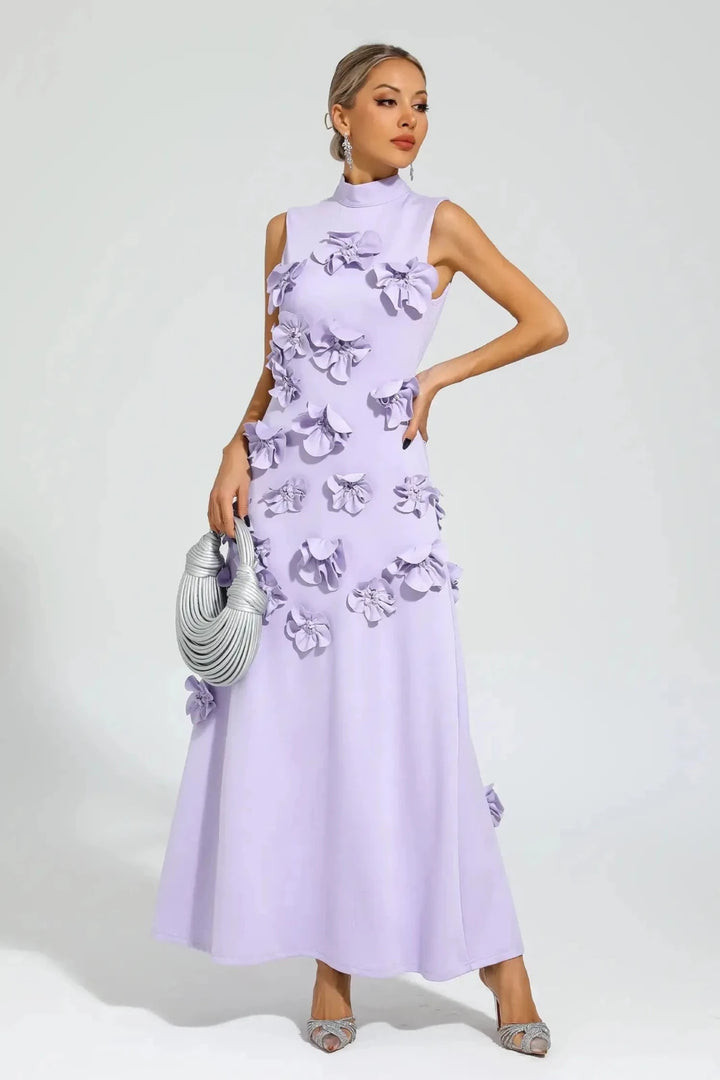 Iris | Elegant Pink Sleeveless Flower Embellished Maxi Dress - Emma's Dresses