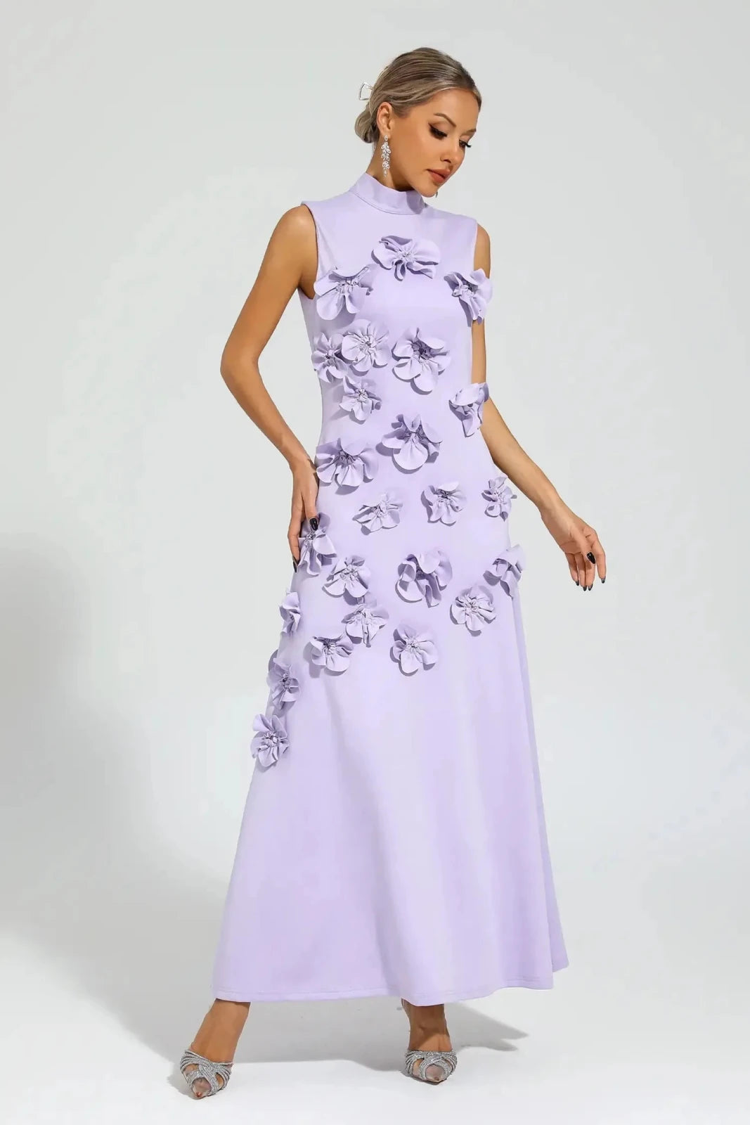 Iris | Elegant Pink Sleeveless Flower Embellished Maxi Dress - Emma's Dresses