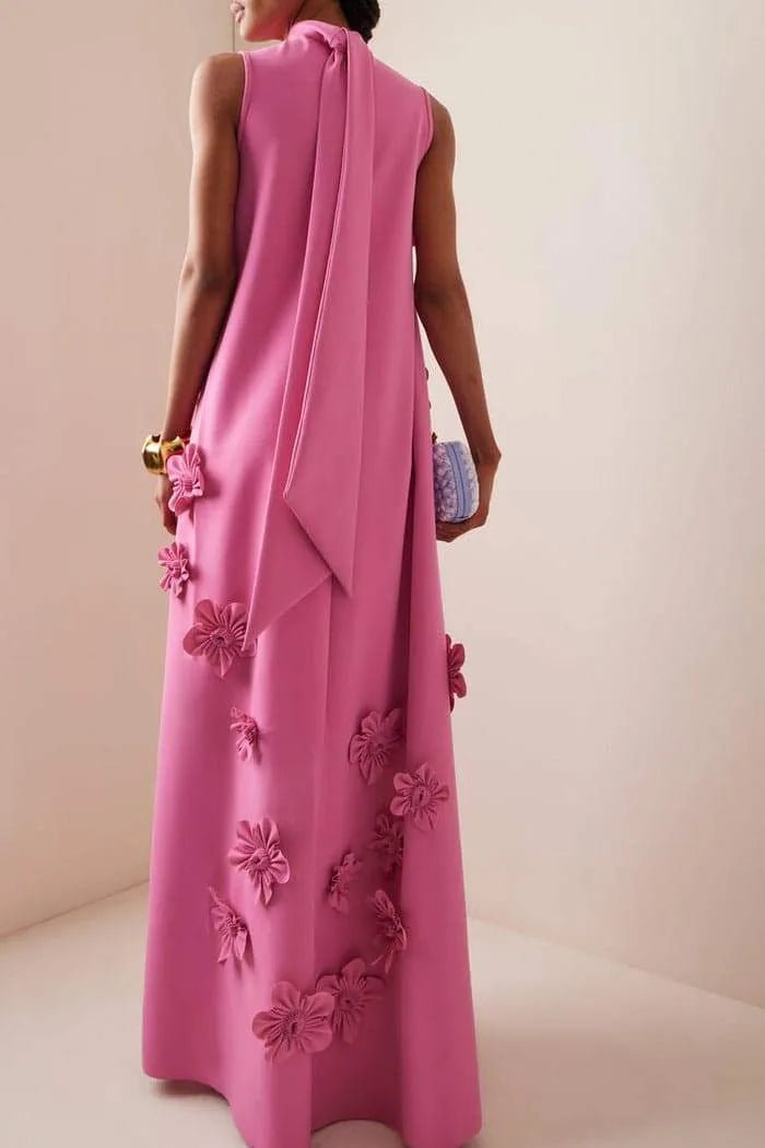 Iris | Elegant Pink Sleeveless Flower Embellished Maxi Dress - Emma's Dresses